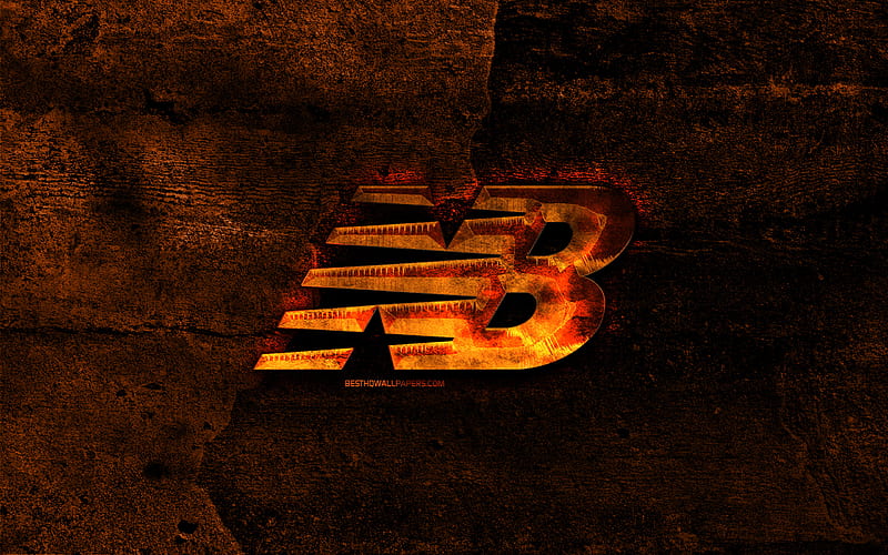 New Balance fiery logo, orange stone background, New Balance, creative, New Balance logo, brands, HD wallpaper