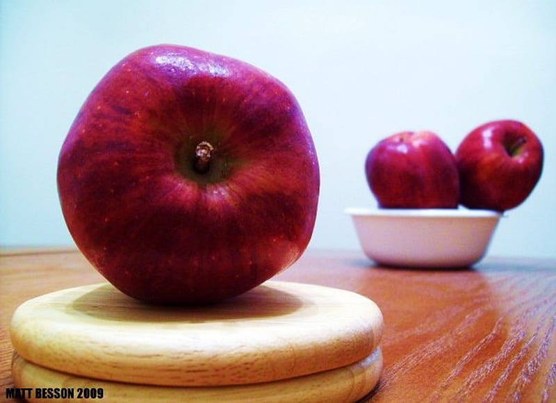 An Apple Set Apart, apple, table, still life, coasters, bowl, HD wallpaper