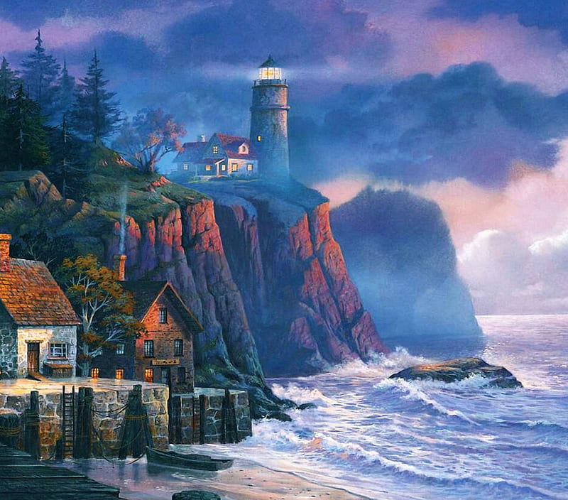 Light Tower, rocks, tower, houses, pine trees, sky, sea, beautiful evening, light, HD wallpaper
