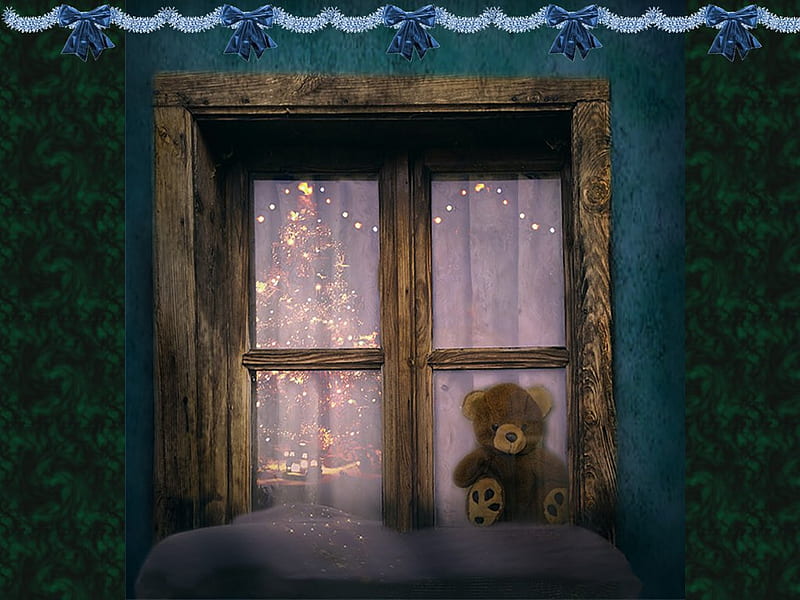 Teddy bear on window, tree, window, christmas, holiday, teddy, bear, HD wallpaper