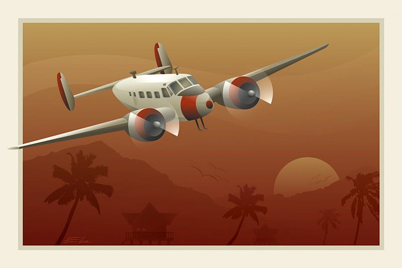 Tropical Descent, retro, aircraft, sun, beech 18, art deco, palm trees, vintage, propeller, HD wallpaper