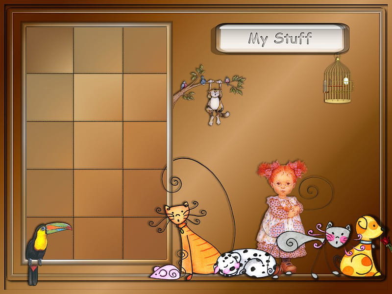 My Stuff, little girl, cat, belongings, dogbird, HD wallpaper