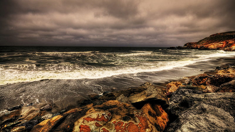 gorgeous rocky shore r, shore, r, waves, overcast, hill, sea, HD wallpaper