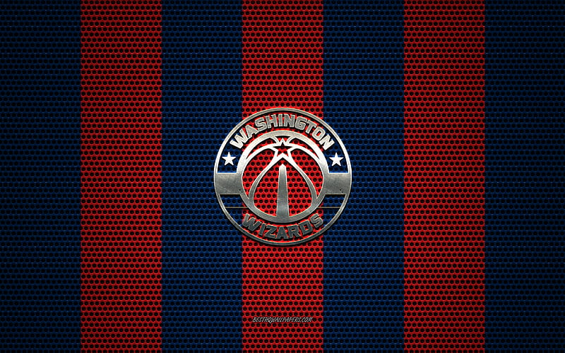 Washington Wizards logo, American basketball club, metal emblem, blue-red metal mesh background, Washington Wizards, NBA, Washington, USA, basketball, HD wallpaper