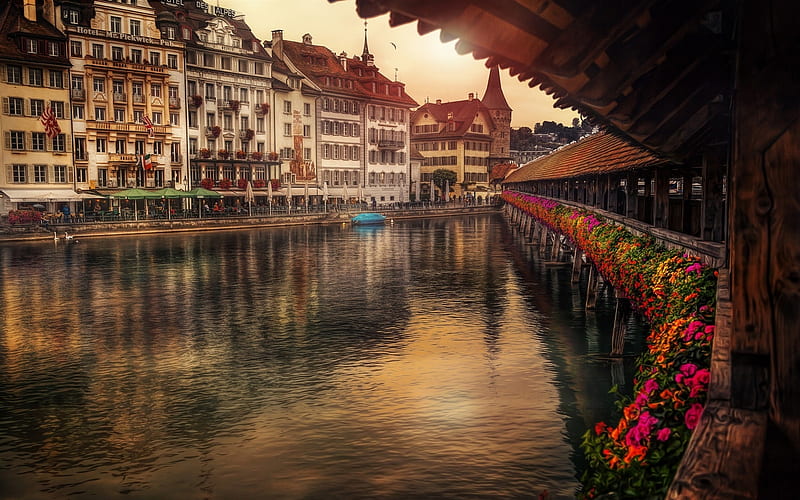 Lucerne, R, river, sunsen, evening, Switzerland, Europe, HD wallpaper