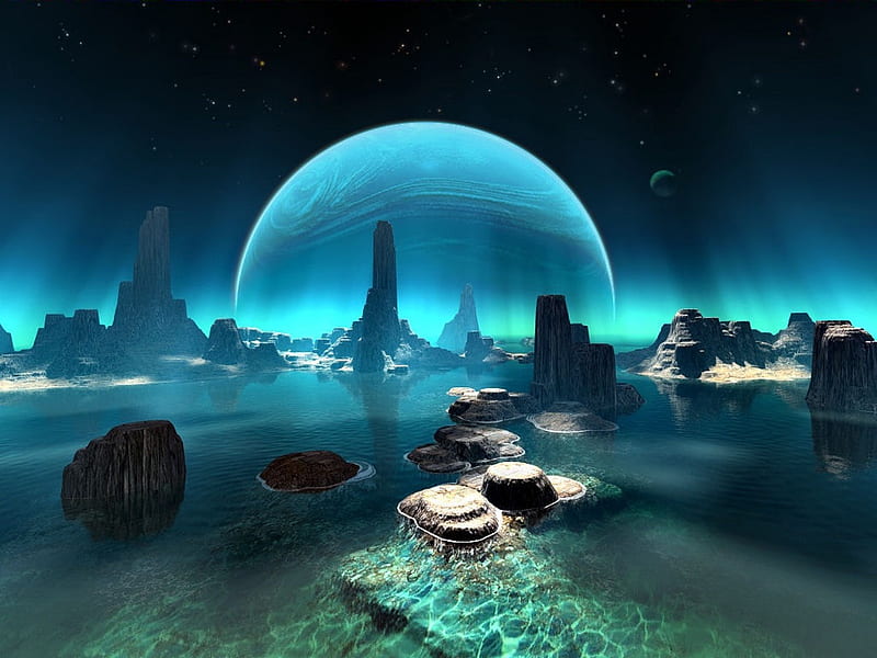 NEPTUNE, stars, planets, water, mountains, sky, HD wallpaper