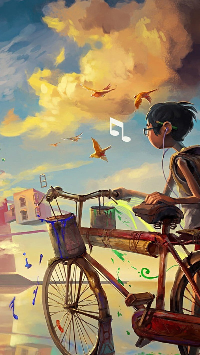 Boy Bike Music , art, panting, sky, HD phone wallpaper
