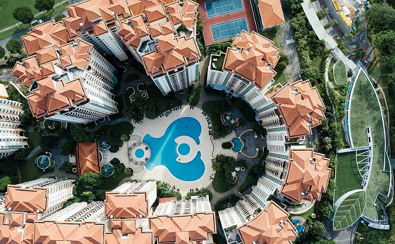 Apartment Buildings Design Aerial View Ultra, Architecture, View, Modern, Buildings, Pool, Aerial, Urban, Neighborhood, contemporary, fromabove, ApartmentBuilding, HD wallpaper