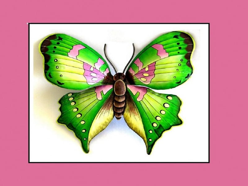 Green Butterfly, art, abstract, metal, 3d, butterfly, green, craft, hand painted, white, pink, ornament, HD wallpaper