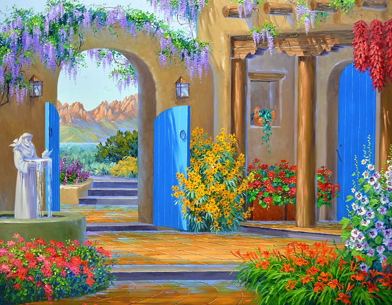 Mediterranean Villa, gate, painting, path, stairs, garden, HD wallpaper