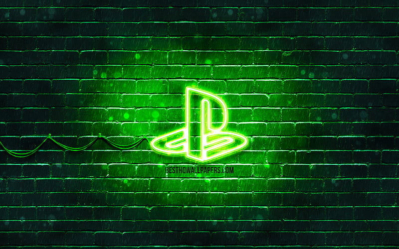 PlayStation green logo green brickwall, PlayStation logo, brands, PlayStation neon logo, PlayStation, HD wallpaper