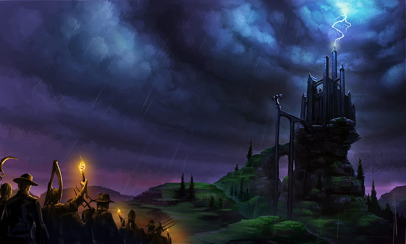 Fantastic world Castle Rain Frankenstein Lightning Clouds Fantasy halloween ., Spooky Castle, HD wallpaper