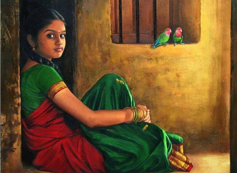 Lovely Indian Girl, lovely, window, costume, indian, bonito, young, girl, hindu, parrots, HD wallpaper