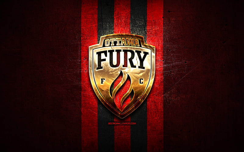 Ottawa Fury FC, golden logo, USL, red metal background, american soccer club, United Soccer League, Ottawa Fury logo, soccer, USA, HD wallpaper