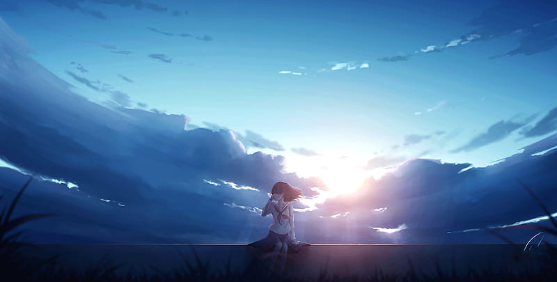 Anime Girl Alone Sitting, anime-girl, anime, artist, artwork, digital-art, HD wallpaper