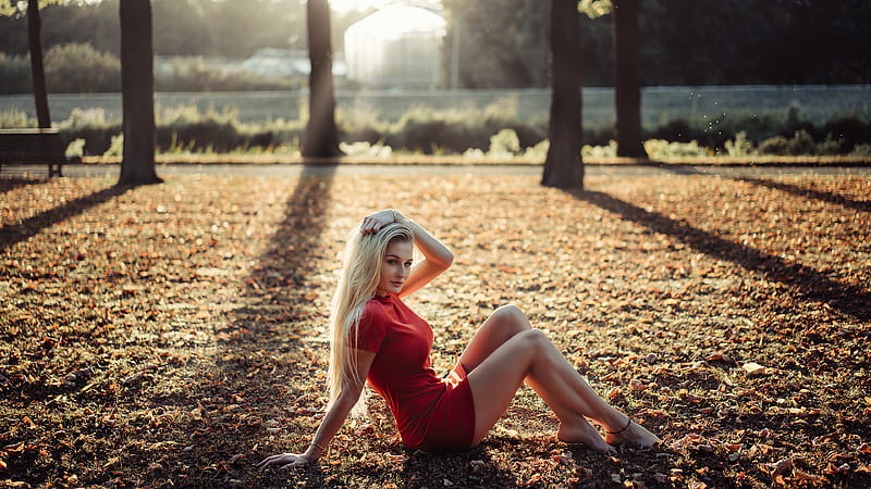 Blonde Girl Grass Sitting , blonde, girls, model, red-dress, HD wallpaper