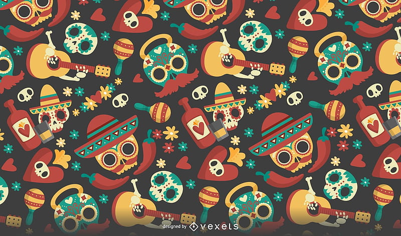 Pattern, dia de los muertos, bone, hat, skull, vexels, halloween, red, green, yellow, texture, HD wallpaper