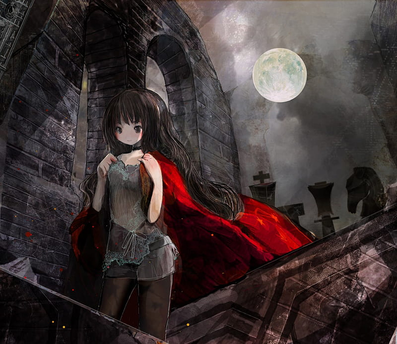 Wallpaper Anime, red eyes, men, women, brunette, castle, digital