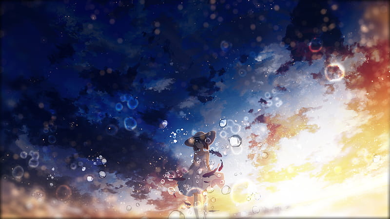 anime girl, bubbles, smiling, summer, dress, clouds, scenic, hat, Anime, HD wallpaper
