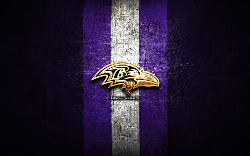 Baltimore Ravens, golden logo, NFL, violet metal background, american football club, Baltimore Ravens logo, american football, USA, HD wallpaper