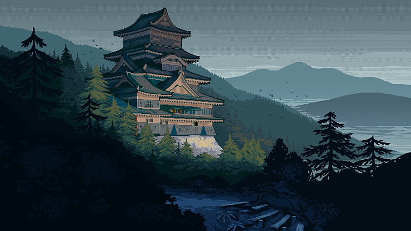 japanese house, historical building, pixel art, mountain, Fantasy, HD wallpaper