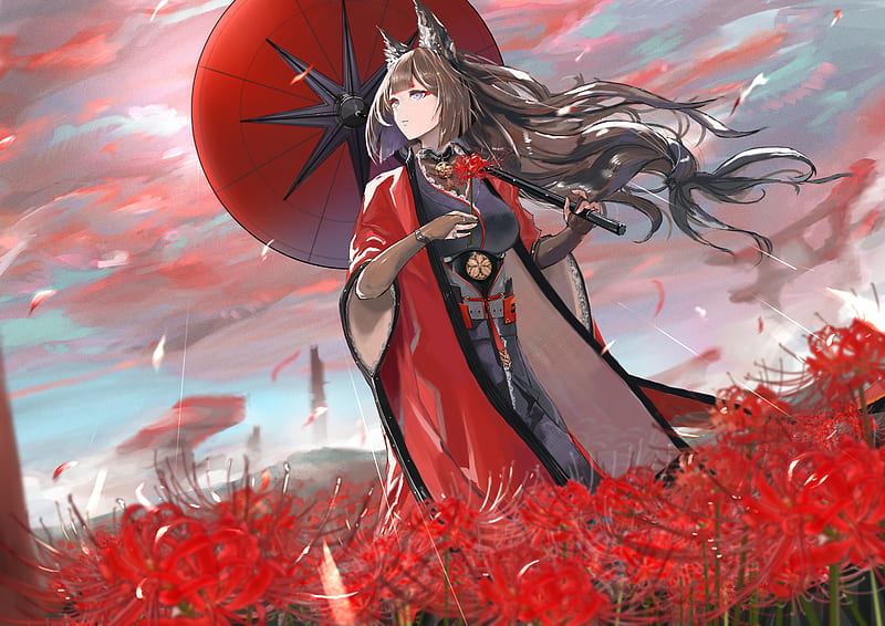 azur lane, amagi, field, red flowers, long hair, Anime, HD wallpaper