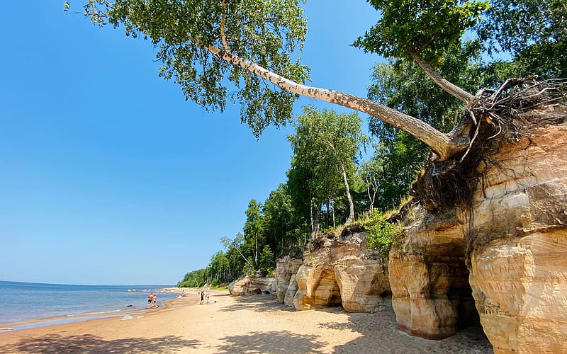 Coast of Latvia, beach, coast, caves, sea, trees, Latvia, HD wallpaper