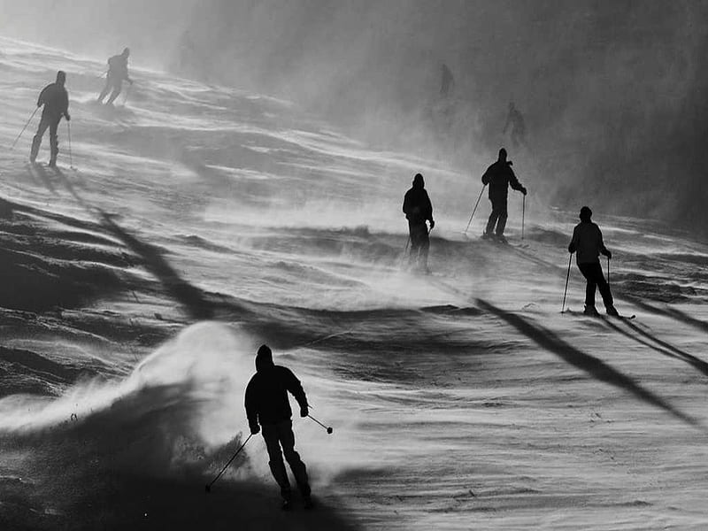 Shadow Skiers, dramatic, black and white, shadow, creative, ski, silhouette, graphy, snow, hill, HD wallpaper