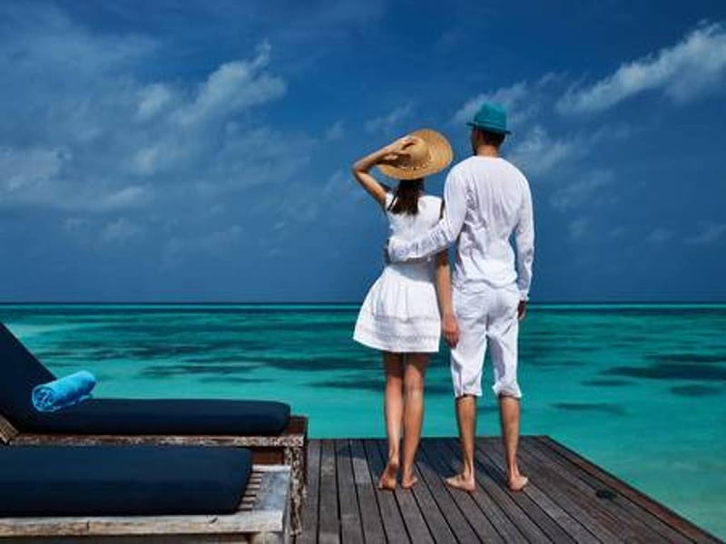 Honeymoon couple, Ocean, beach, Vacation, Maldives, HD wallpaper