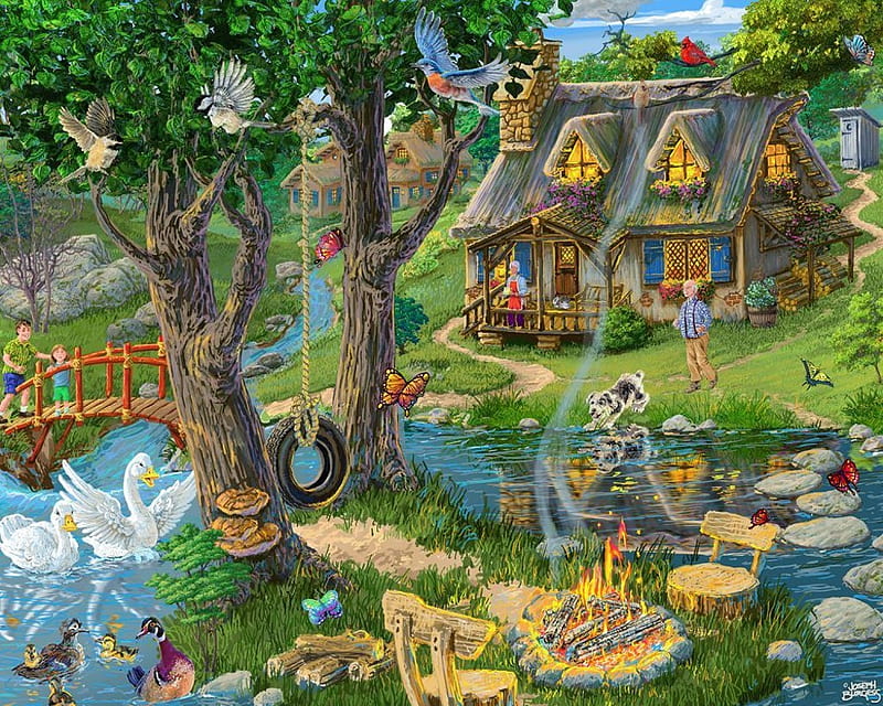 Cottage at Creek, house, ducks, trees, artwork, swans, plants, painting, grill, dog, HD wallpaper