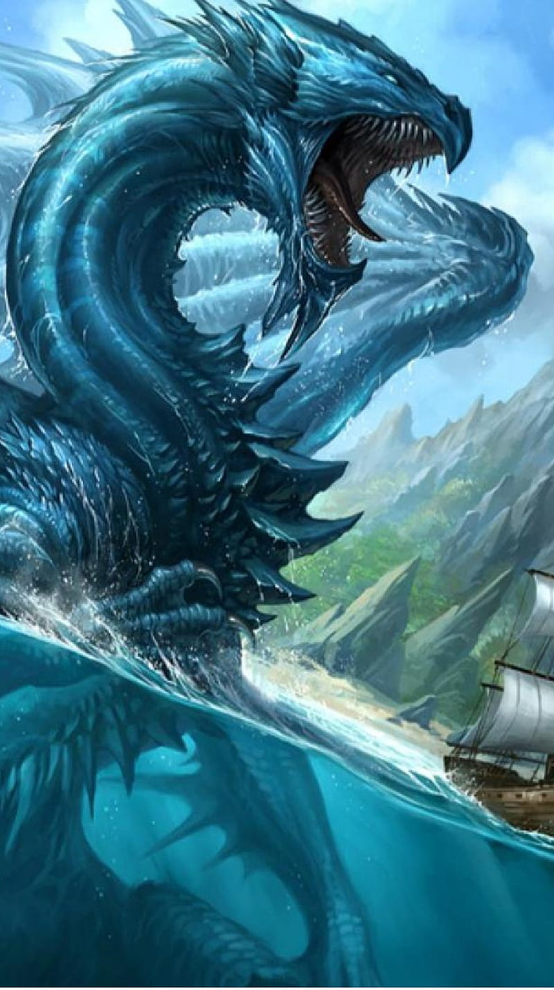 Sea Dragon, art, fantasy, i6, mythic, serpent, ship, warer, HD phone wallpaper