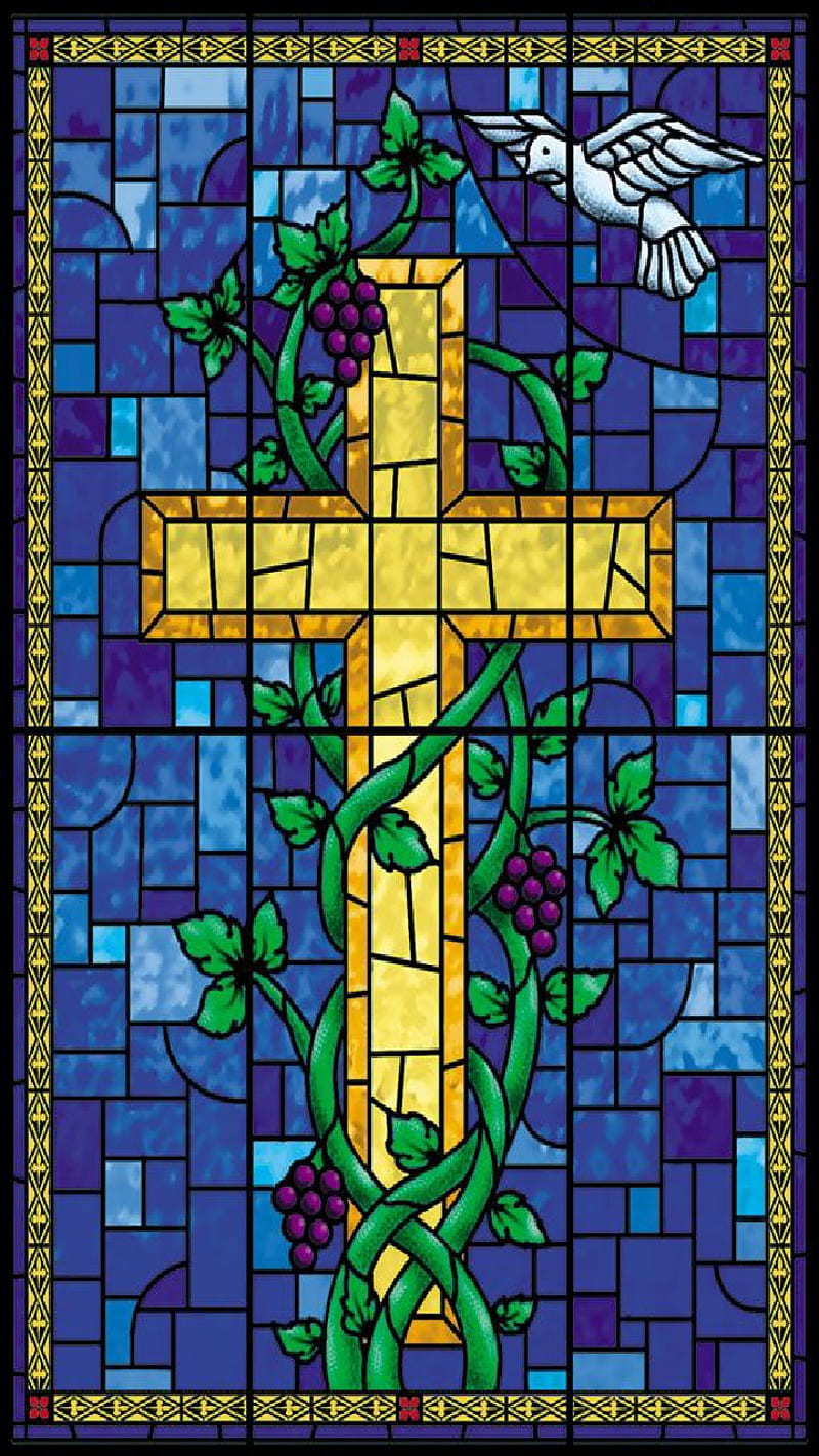 Stained Cross, blue, church, colorful, glass, gold, service, HD phone wallpaper
