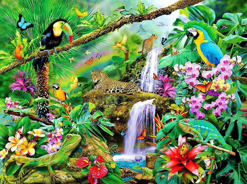 Tropical Holiday, leopards, waterfall, flowers, birds, parrots, toucan, butterflies, artwork, painting, HD wallpaper