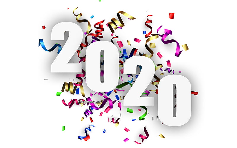 Happy New Year 2020, colored silk ribbons, 2020 concepts, 2020 white background, 2020 New Year, background with ribbons, HD wallpaper
