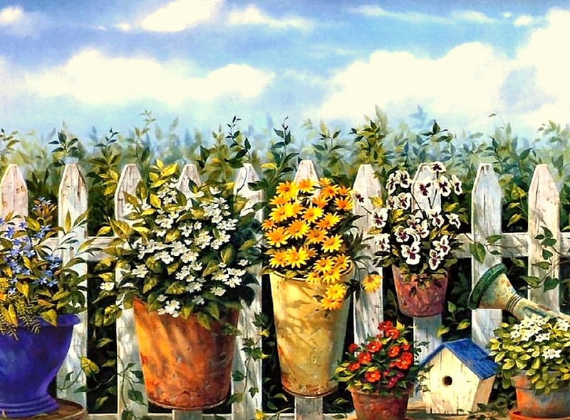 Country Chorus Line, fence, lovely still life, draw and paint, houses, love four seasons, watering, paintings, decorations, flowers, HD wallpaper