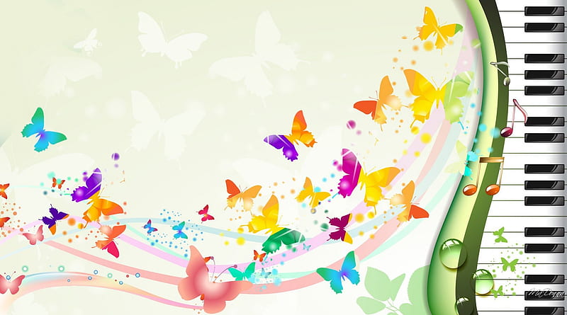 Butterfly Piano Concerto II, colorful, keys, music, bright, butterflies, abstract, piano, HD wallpaper