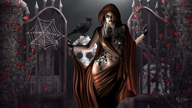 Gothis Mistress, gate, cemetery, roses, spider webs, grave stone, goth, graveyarad, scary, Halloween, Gothic, HD wallpaper