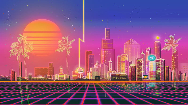 City With Retrowave Illustration With Background Of Sky And Stars Vaporwave,  HD wallpaper | Peakpx