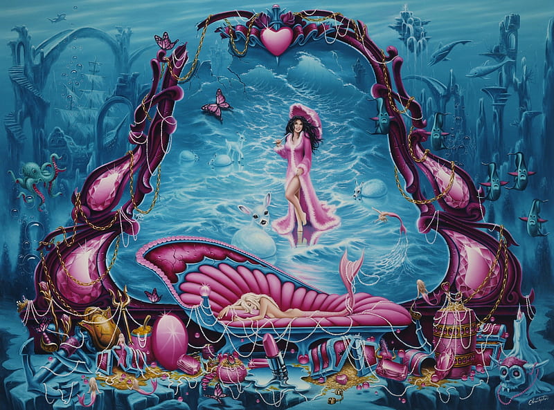 ✼Luxury of Pink✼, pretty, charm, umbrella, bonito, women, oil on canvas, sweet, fantasy, paintings, elegance, splendor, girls, pink, traditional art, luxury, cosmetics, female, lovely, wealth, colors, love four seasons, mermaid, creative pre-made, corazones, dresses, jewelry, cute, cool, precious, lady, value, HD wallpaper