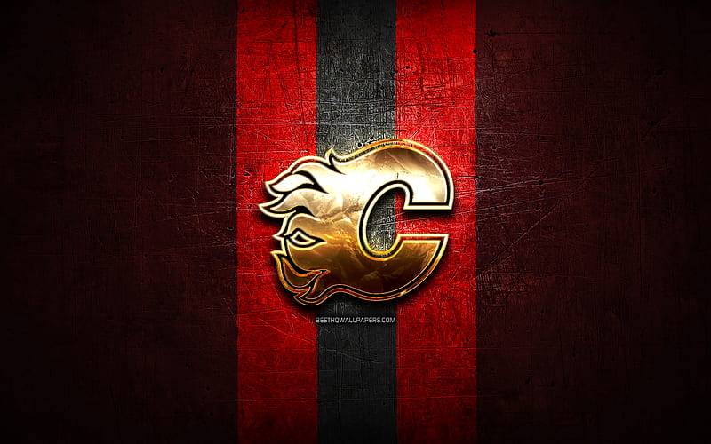 Calgary Flames, golden logo, NHL, red metal background, american hockey team, National Hockey League, Calgary Flames logo, hockey, USA, HD wallpaper