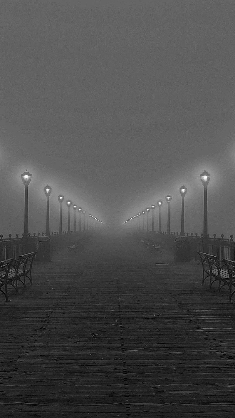 Misty Pier, fog, foggy, lights, night, street lights, HD phone wallpaper
