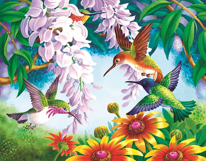 Hummingbirds Fly, humming, birds, three, flowers, puzzle, HD wallpaper