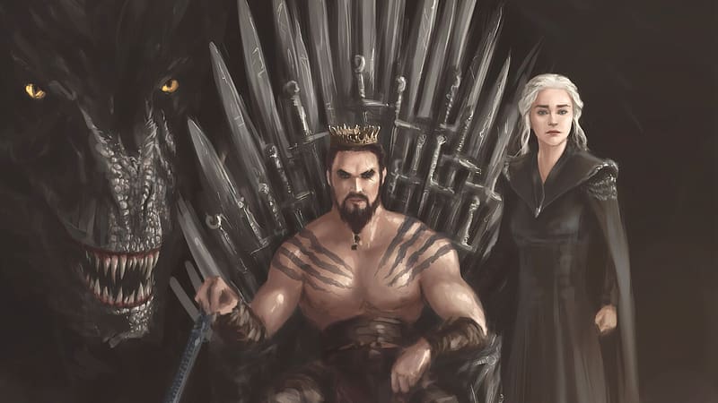 Khal Drogo and Daenerys Targaryen, man, throne, couple, girl, khal drogo, game of thrones, artofsamyang, daenerys targaryen, art, fantasy, dragon, HD wallpaper