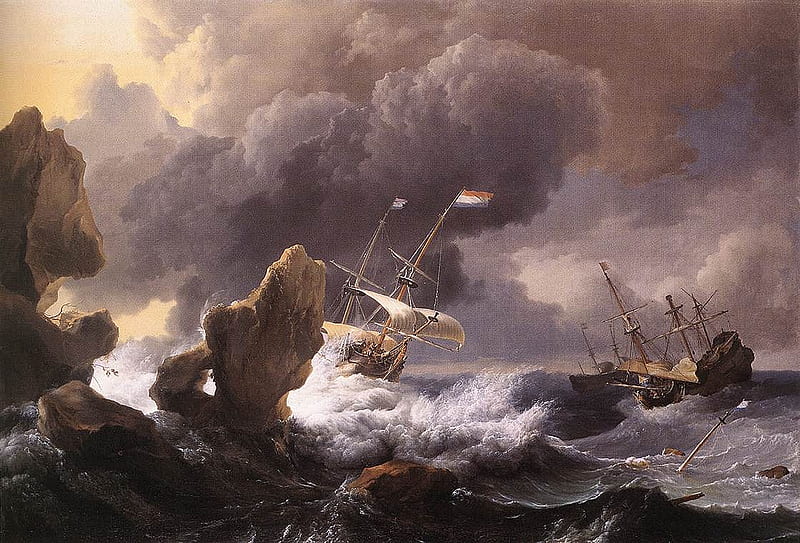 Ships in Distress off a Rocky Coast, ships, rocky, painting, distress, coast, HD wallpaper