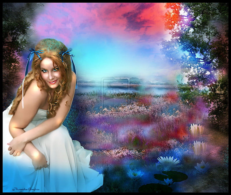 ~The Beautiful Marsh~, pretty, colorful, lotus, dress, bonito, digital art, clouds, hair, fantasy, splendor, manipulation, flowers, face, marsh, animals, lovely, colors, lilies, sky, trees, lips, pond, water, cool, plants, eyes, HD wallpaper