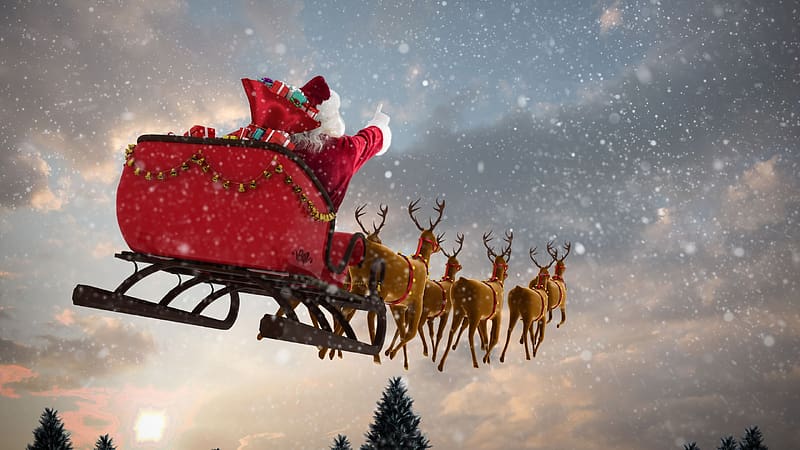 Santa Claus, view from down, reindeer, craciun, fantasy, christmas, up, HD wallpaper