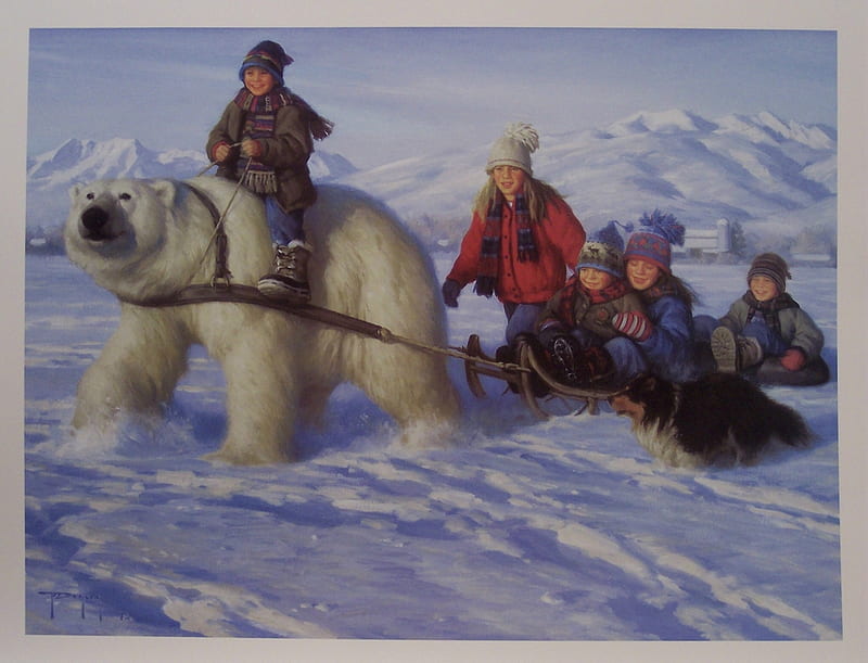 Visit From A Polar Bear, children, fun, sled, polar bear, dog, winter, HD wallpaper