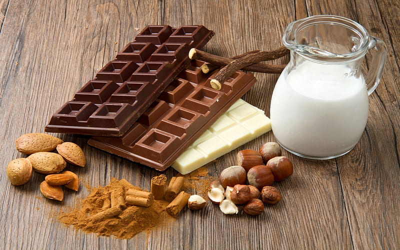 Chocolate Milk And Nuts, White, Milk, Nuts, Chocolate, dark, HD wallpaper