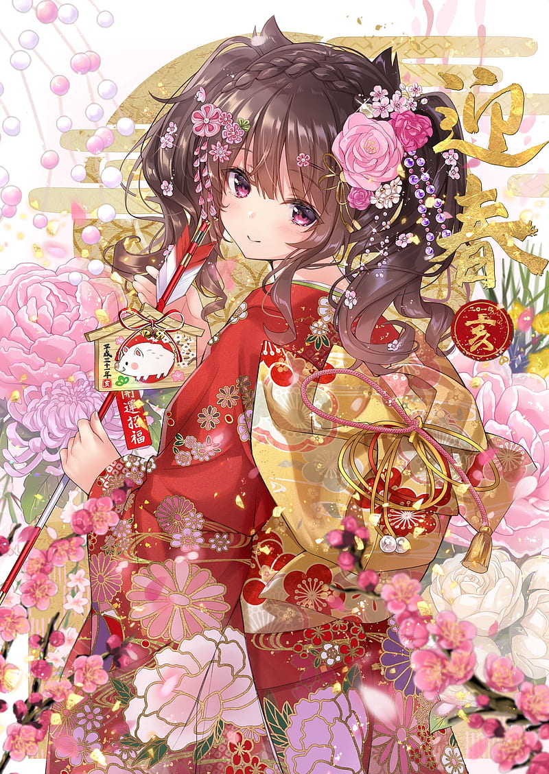 anime girl, loli, kimono, flowers, brown hair, Anime, HD phone wallpaper