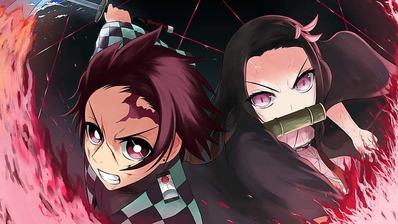 Demon Slayer Nezuko Kamado Tanjirou Kamado With Black Background And Red Lines Anime, HD wallpaper